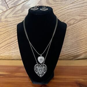 Bronze Necklace Earrings Set 4 Pieces Hearts Delicate Celtic Filigree Crystal